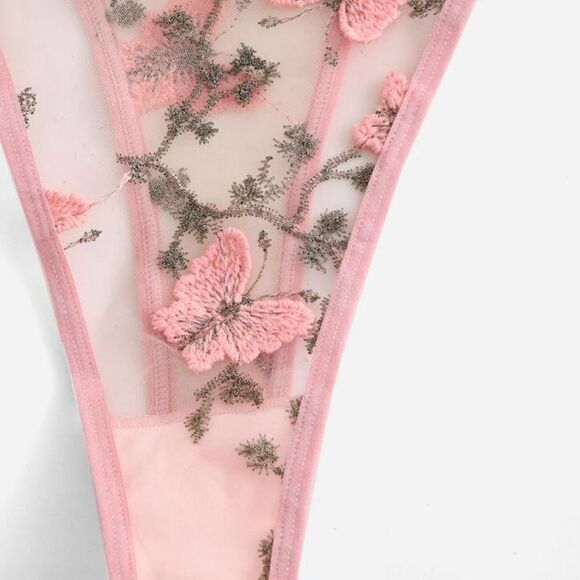 Lingerie Set Butterfly Embroidery Mesh Pink, XL Large‎ - Picture 3 of 7